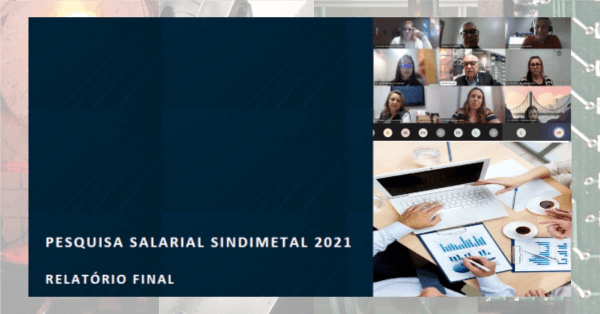 Sindimetal-RS realiza pesquisa salarial a pedido de empresas associadas Imagem da apresentação on-line dos resultados da pesquisa salarial do Sindimetal-RS quadro roxo e, no canto direito, acima, imagens dos participantes da apresentação